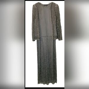 Alex Evenings 8P Silver Lace Evening Wear 2 Pc Slit Maxi Dress Shrug Set Formal